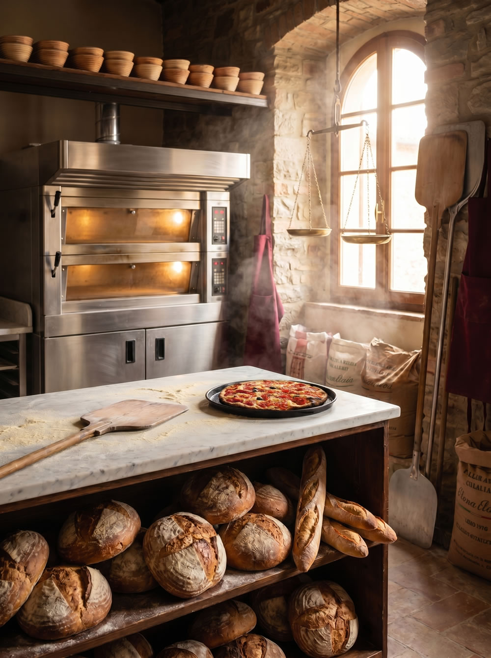 Vetrina di pane e focacce sfornate PanBignè, panificio artigianale a Mola di Bari