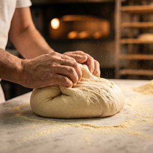 Mani del panificatore che formano le palline di pane per la seconda lievitazione